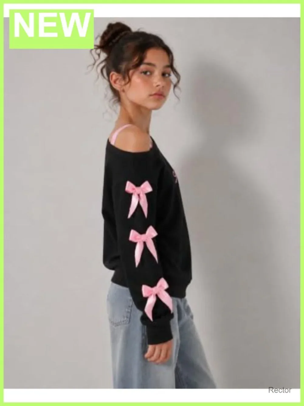 Girls Off Shoulder Bow Graphic Long Sleeve Sweatshirt Pullover Top
